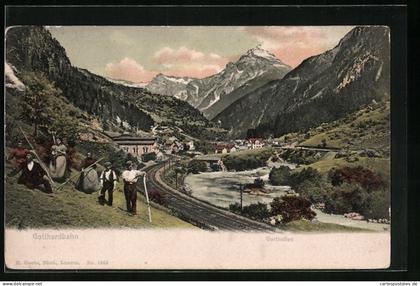 AK Gurtnellen, Ortsansicht mit Arbeitern auf dem Feld