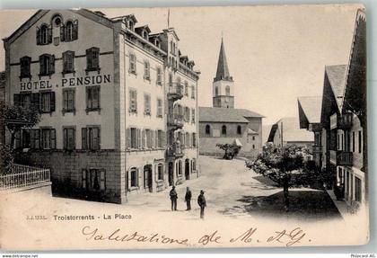 1872 Troistorrents Chemex 1914 Foto AK Hotel Pension La Place Kirche - 13597954