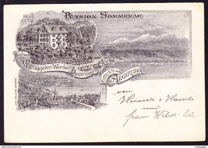 1900 gelaufene Litho AK: Gruss vom Ägerisee, Pension Sommerau. 3 bildrig. Rückseitig unfrische Stelle oben rechts