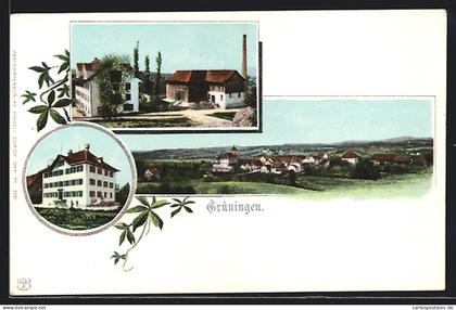 AK Grüningen, Fabrik, Ortsansicht aus der Vogelschau