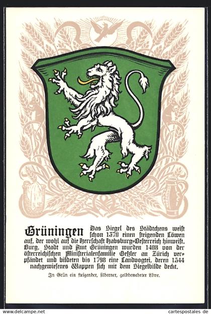 Künstler-AK Grüningen, Wappen mit steigendem Löwen