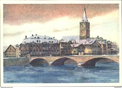 Zuerich St Peterskirche mit Meise und Helmhausbruecke