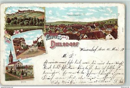 8157 Dielsdorf 1898 Gebrauchsspuren Regensberg Dorfstrasse Kirche Lithog... - 13601982