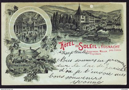 1900 gelaufene Litho AK, Mondschein, Hotel Sonne in Küsnacht