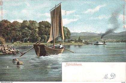 Suisse lac de Zurich Zurichhorn horn CPA bateau , carte taxée timbre taxe cachet 1904