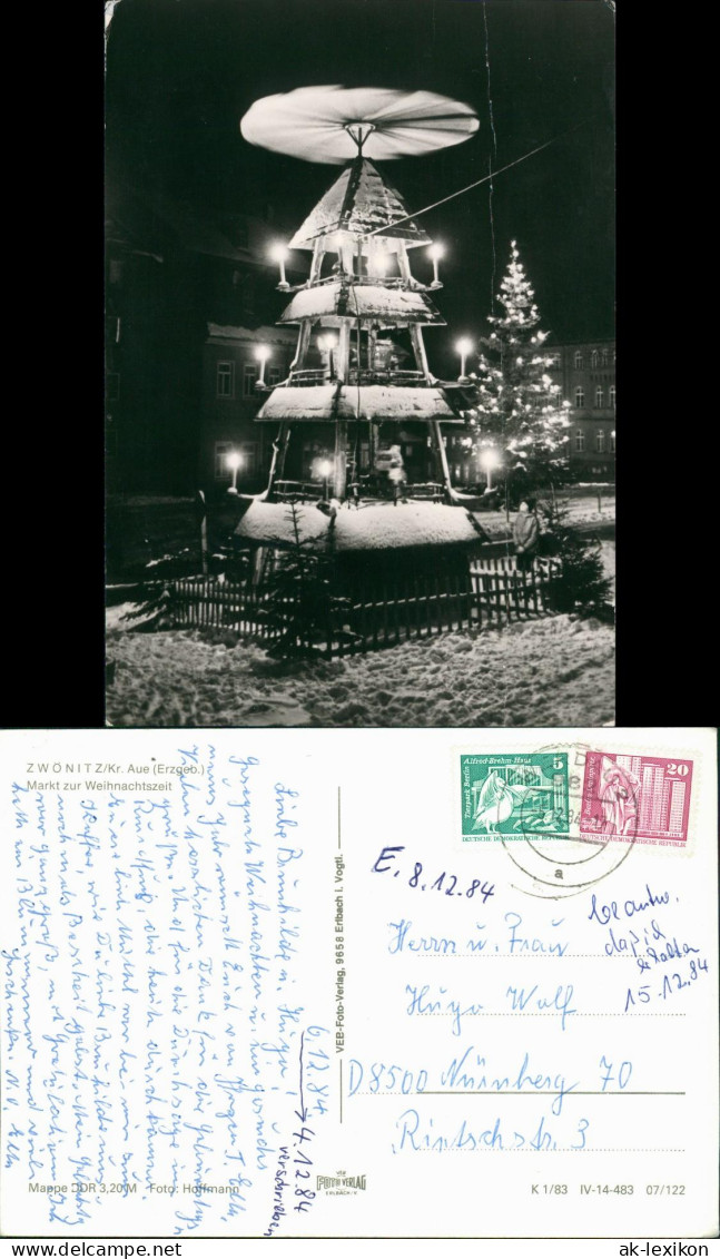 Zwönitz (Erzgebirge) Markt zur Weihnachtszeit, Paramide bei Nacht 1983